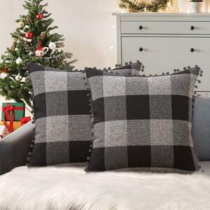 2pc Buffalo Farmhouse Plaid Pillow Covers 16x16" with Pom-poms